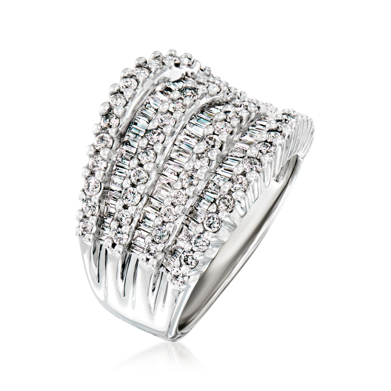 Diamond multi-row ring side view, bezel-set round stones with baguette bands