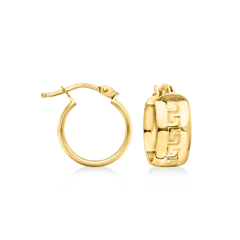 10kt yellow gold Greek key huggie hoop earrings, hinged back, polished finish