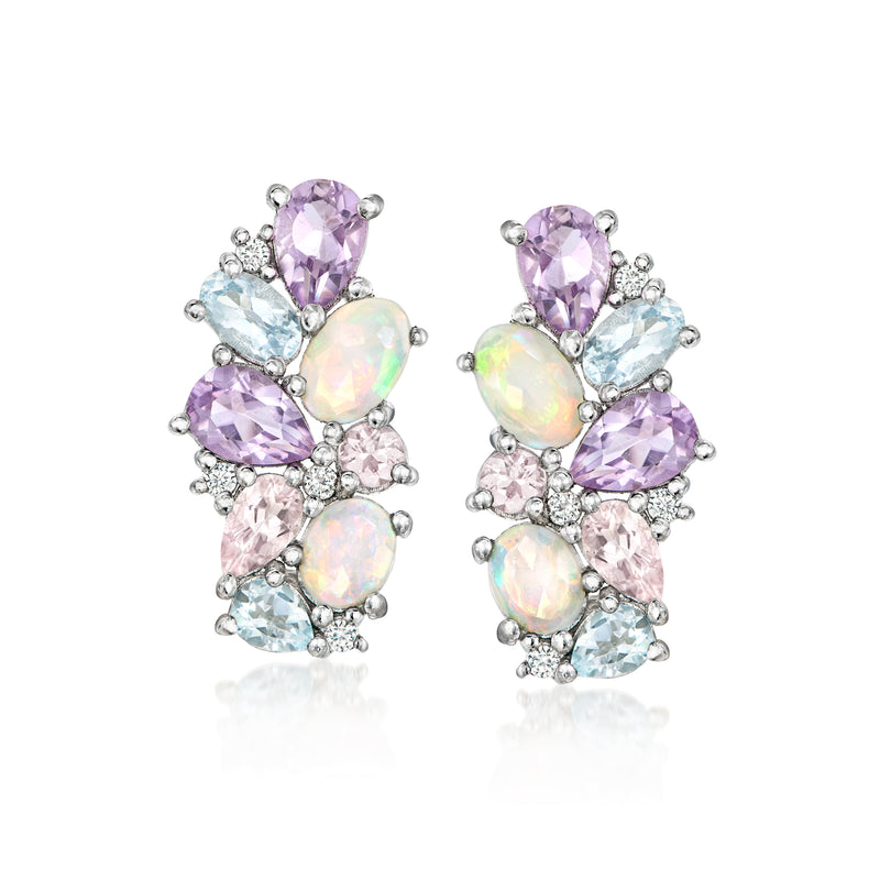 Pastel opal and multi-gem hoop earrings in sterling silver, with dangling oval stones