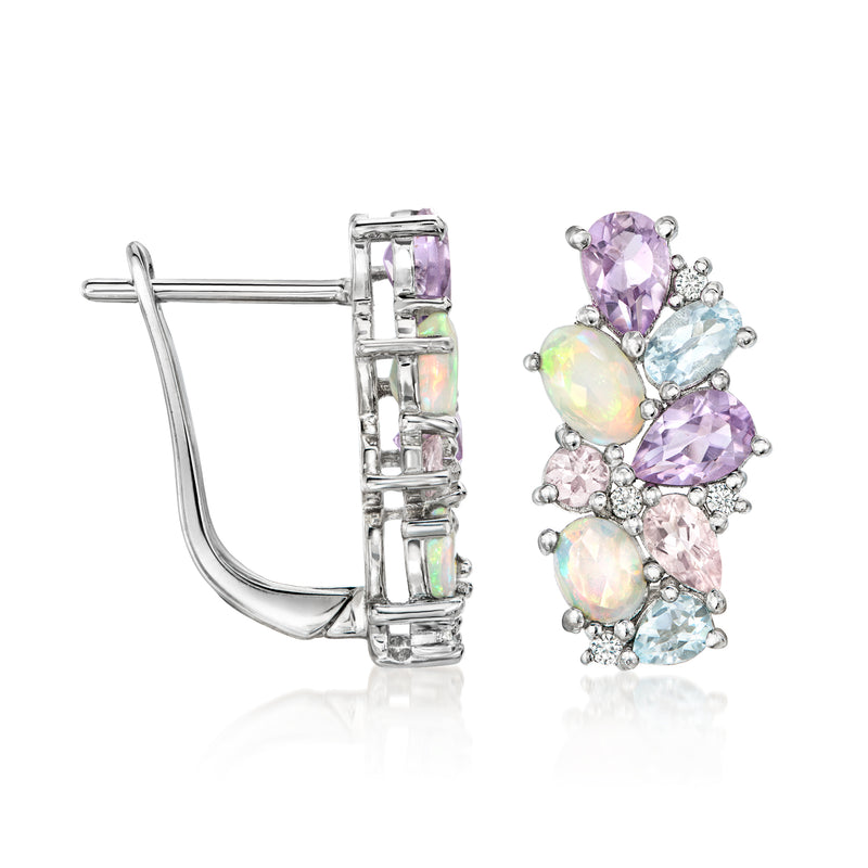 Sterling silver hoop earrings with prong-set pastel opal, amethyst, and pink stones