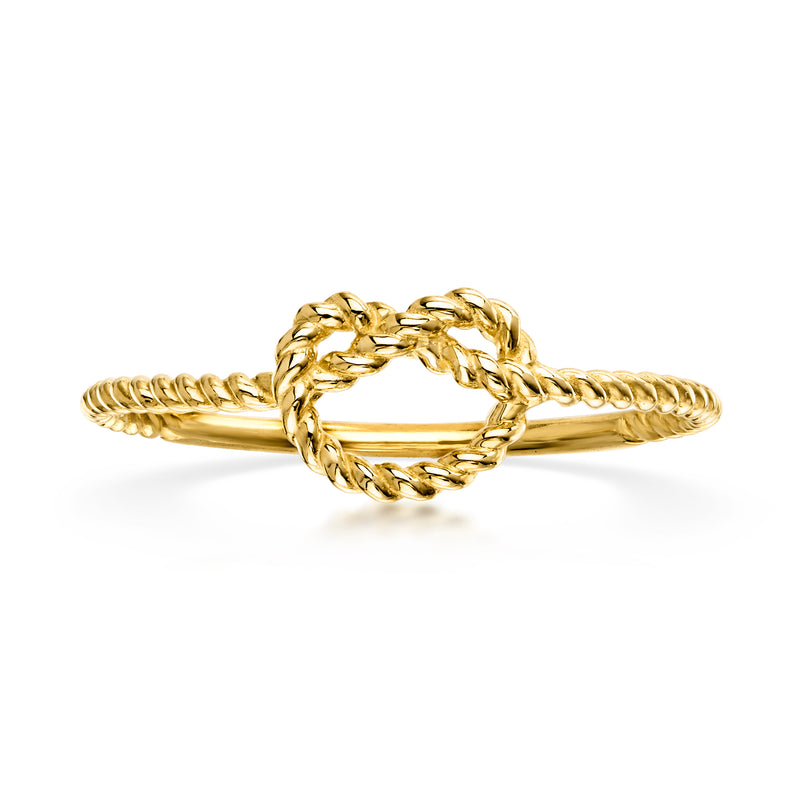 Yellow gold twisted love knot ring with braided band, polished finish
