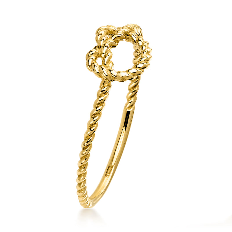 Yellow gold love knot ring in braided twist, slim polished shank
