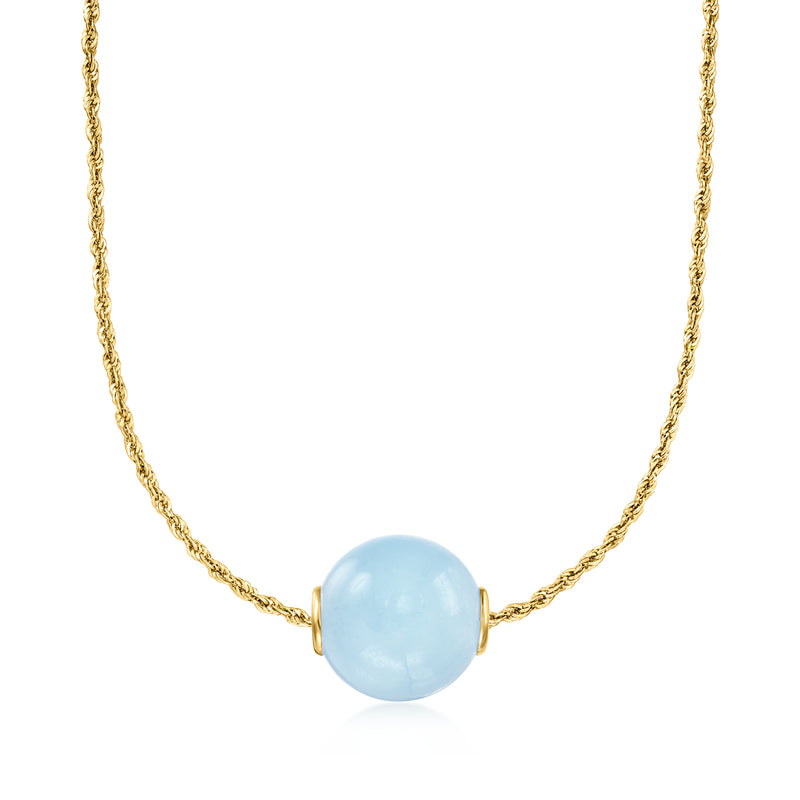 Round light-blue aquamarine bead pendant on gold chain with bail details