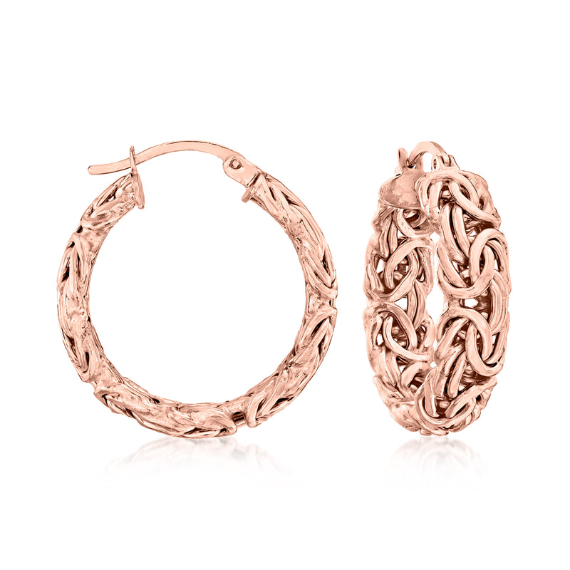 Small rose gold hoop earrings with Byzantine twisted pattern and clasp back
