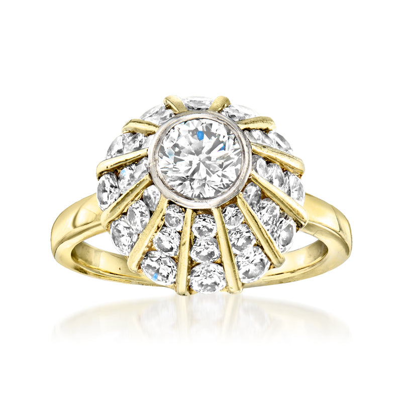Vintage dome diamond ring in 18kt yellow gold, round center stone with prong set rays