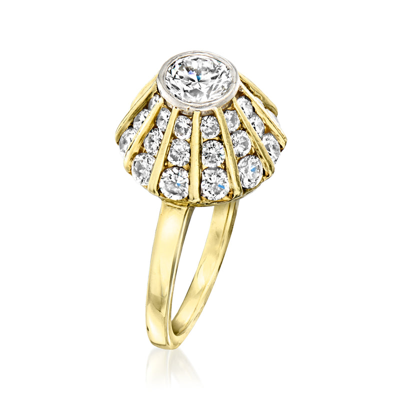 18kt yellow gold dome ring with round diamond center and vertical band of smaller stones
