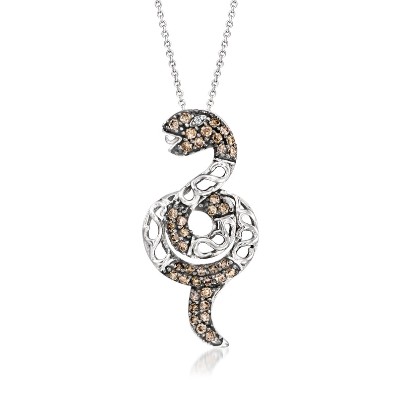 14kt white gold diamond snake pendant necklace with brown and white pave stones