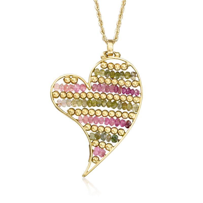 Yellow gold heart pendant necklace with pink, green, and yellow bead rows