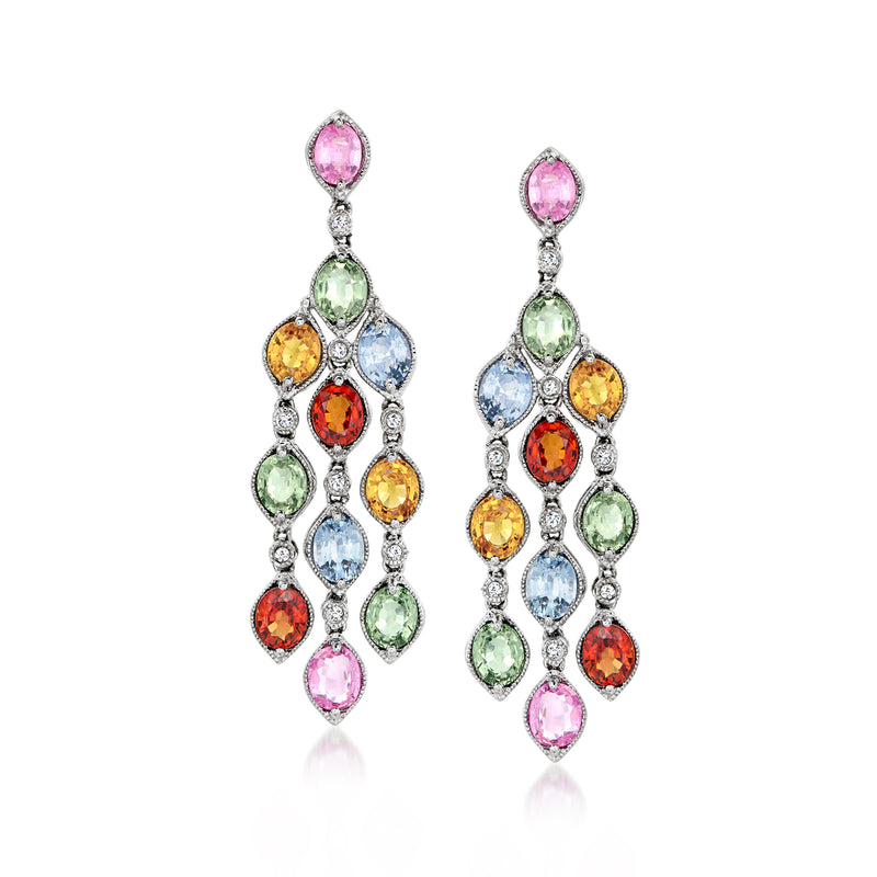 Chandelier sapphire and diamond drop earrings with colorful oval gemstones on white gold posts