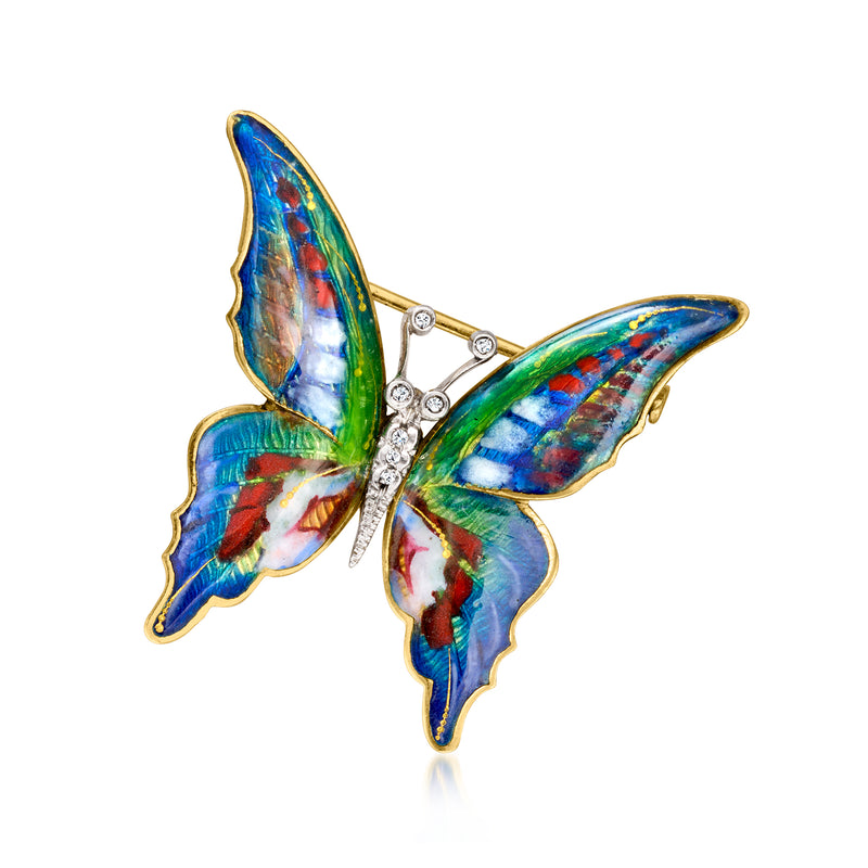 Multicolored enamel butterfly pin with diamond accents on two-tone gold back