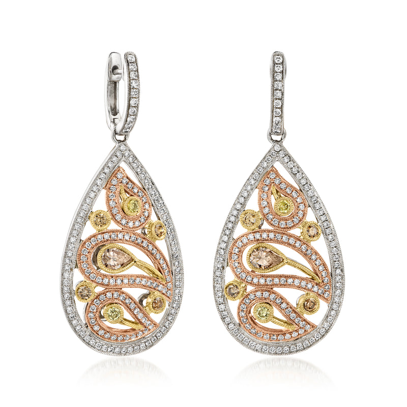 Teardrop hoop drop earrings in tri-colored gold with multicolor diamond accents