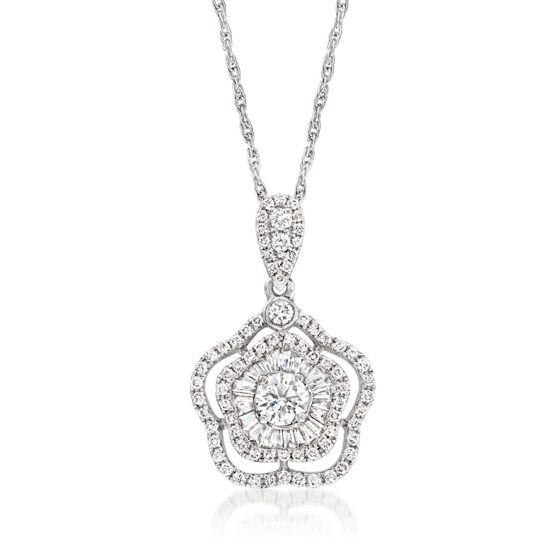 Diamond flower pendant necklace in 18kt white gold with round center stone