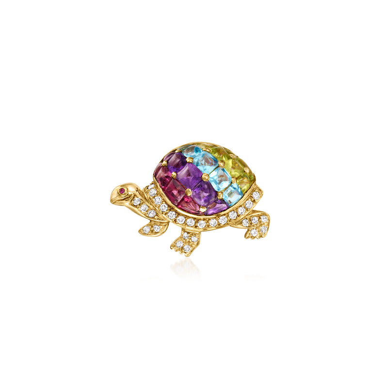 Vintage yellow gold turtle pin with multicolor gemstones and diamond accents