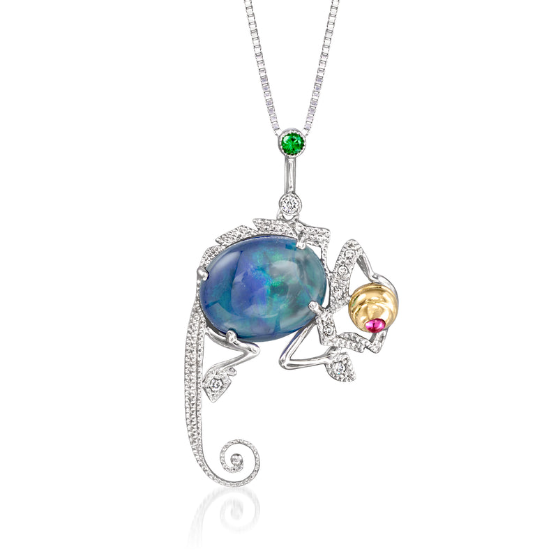 Two-tone gold pendant necklace with blue opal oval, diamonds, green and pink stones