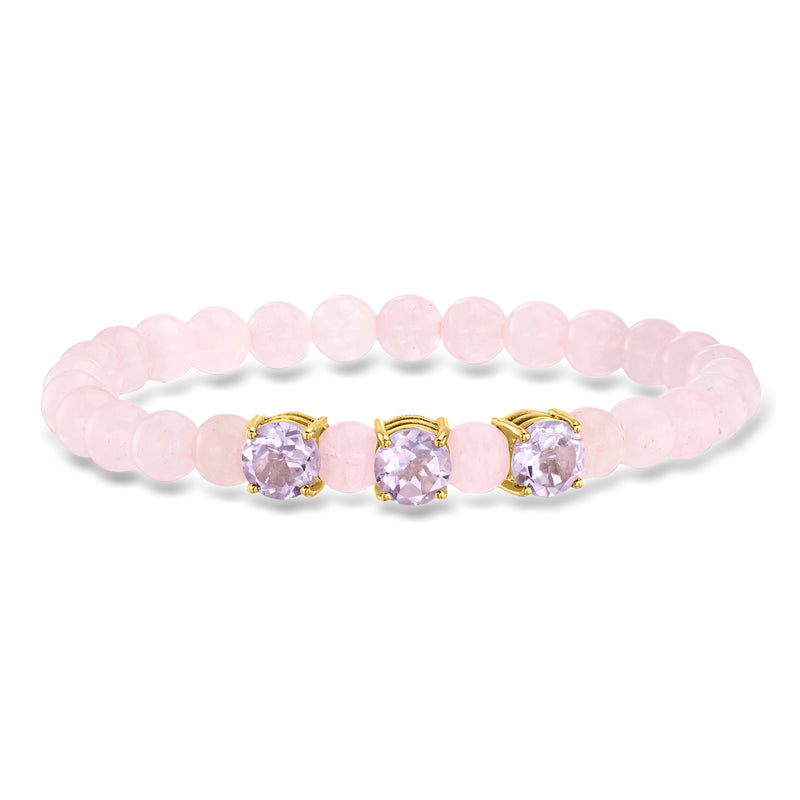 Rose quartz bead stretch bracelet with three round amethyst stones in gold-tone settings