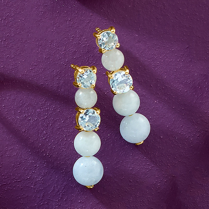 Gold drop earrings with alternating light blue stones and round aquamarine beads