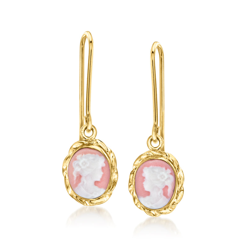 Gold-tone cameo drop earrings with pink porcelain oval drops, earwire style