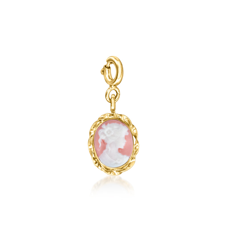 Gold cameo charm with pink-and-white oval portrait, oval bezel and bail