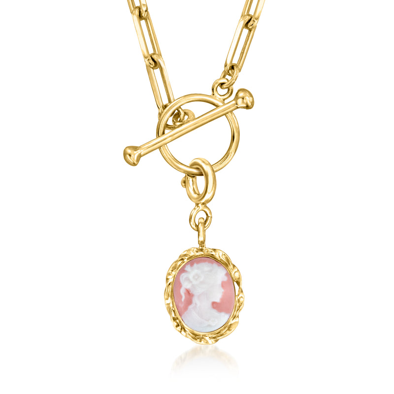 Gold cameo charm pendant, pink-and-white oval portrait in decorative frame