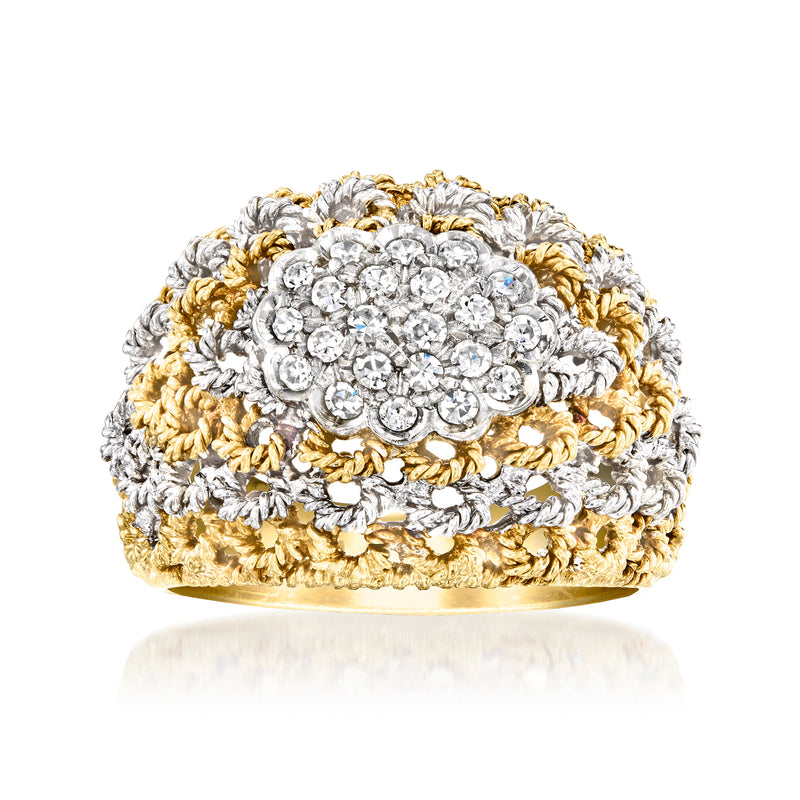 Two-tone gold dome ring with diamond cluster top and rope-texture settings