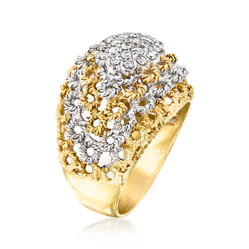 Two-tone diamond cluster dome ring in gold, side view with raised lattice