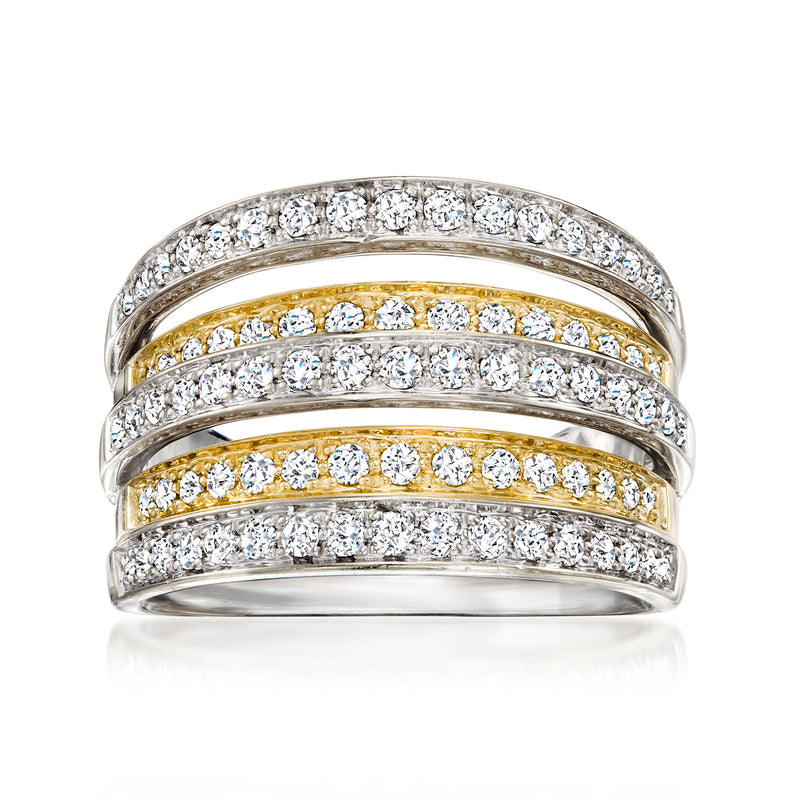 Two-tone gold diamond highway ring with three rows of round stones, polished band