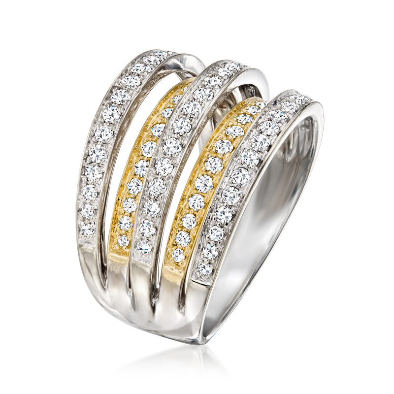 Vintage diamond highway ring in two-tone gold with five curved diamond rows