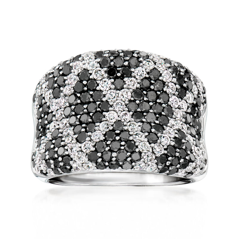 Black and white diamond X ring in 14kt white gold, wide domed band