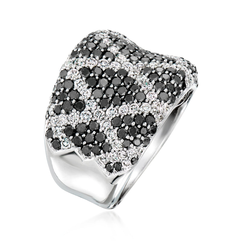 White gold X ring with black and white diamond pavé