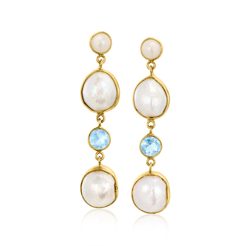 Gold drop earrings with cultured pearls and round aquamarine accents