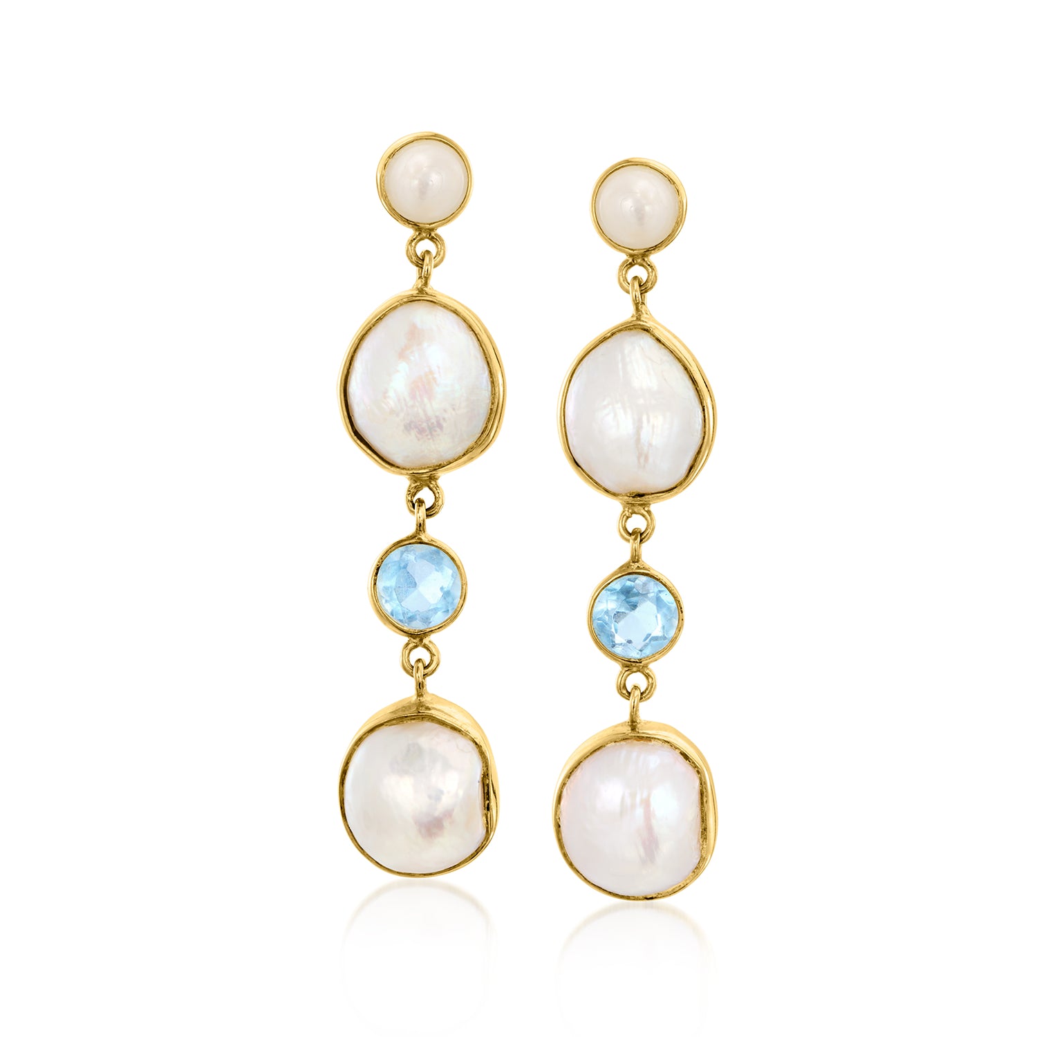 6-12mm Cultured Pearl and 2.10 ct. t.w. Aquamarine Drop Earrings in 18kt Gold Over Sterling