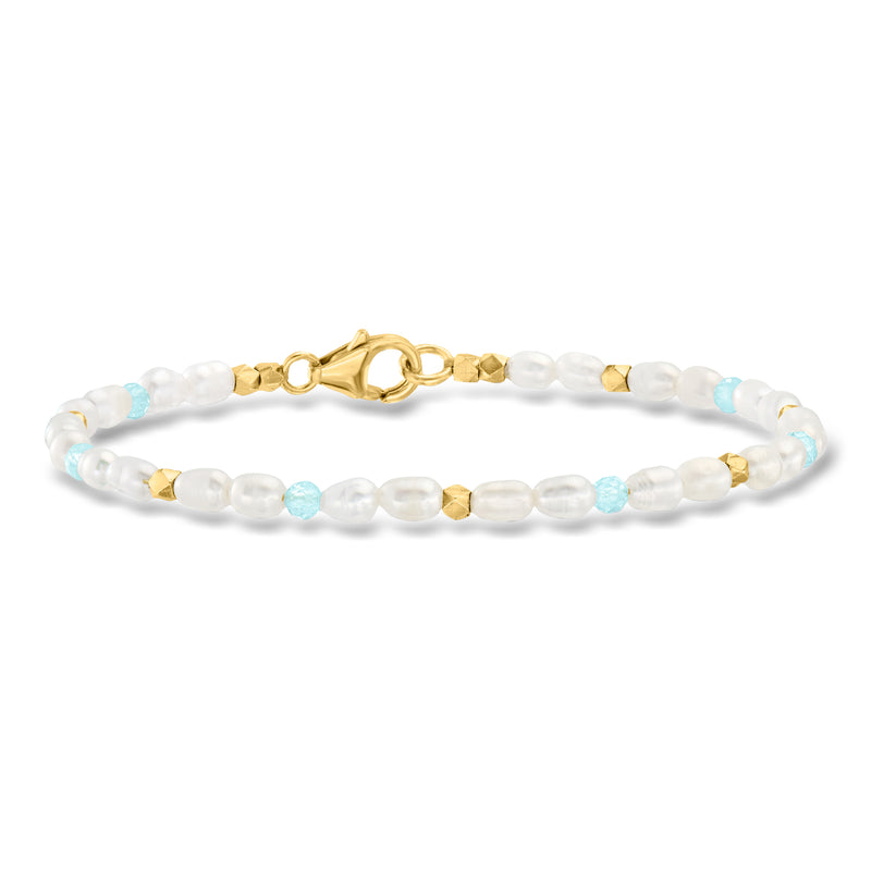 Cultured pearl and light blue bead station bracelet with gold clasp