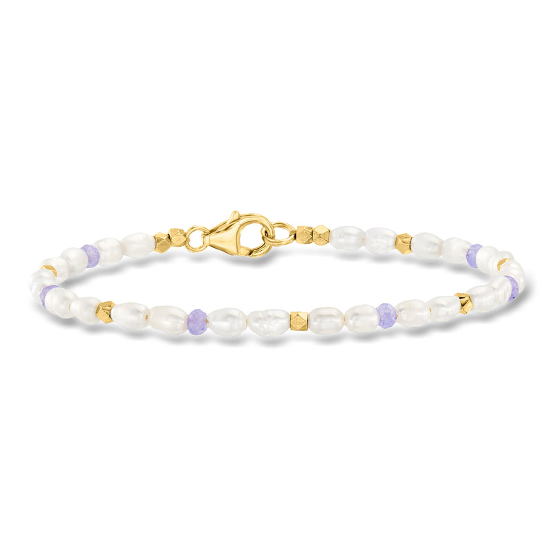 Cultured pearl and tanzanite bead station bracelet with gold accents