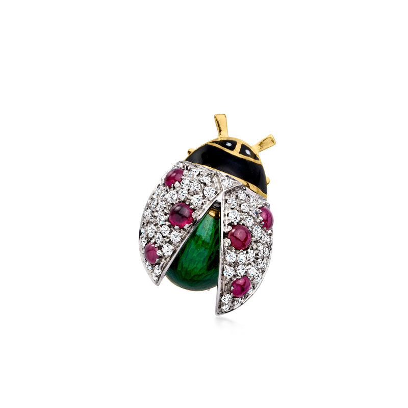 Ladybug pin with ruby and diamond details in two-tone gold