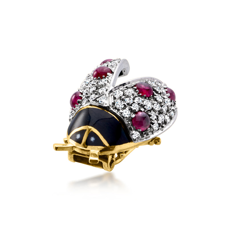 Ladybug pin in two-tone gold with ruby and diamond details