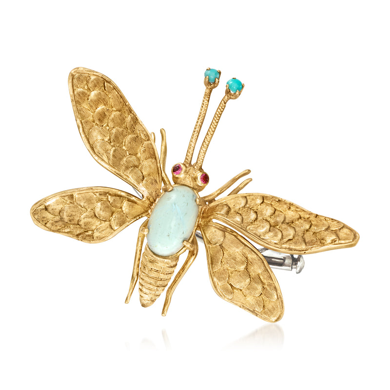 Vintage 18kt yellow gold butterfly pin with oval turquoise stone and colorful gem accents