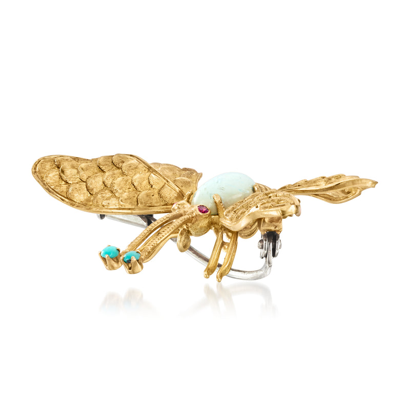 Vintage 18kt yellow gold butterfly pin, textured wings, turquoise body stone, side pin