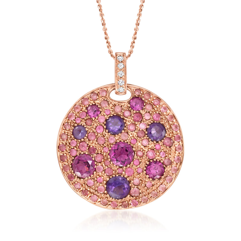 Rose gold round disc pendant necklace with pink and purple gemstones and diamonds