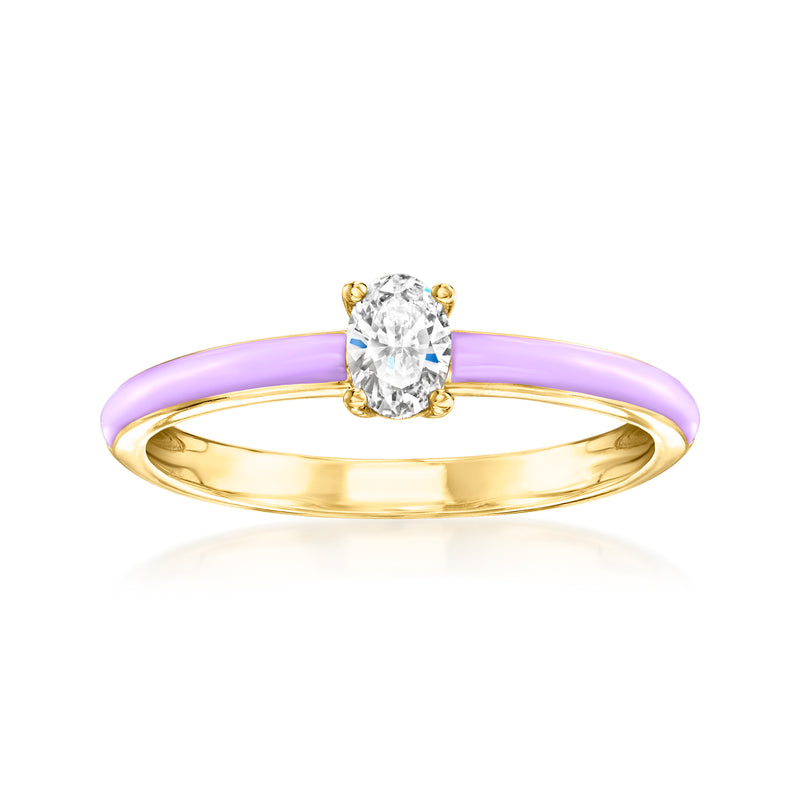 Lavender enamel diamond ring with round center stone in gold-tone setting