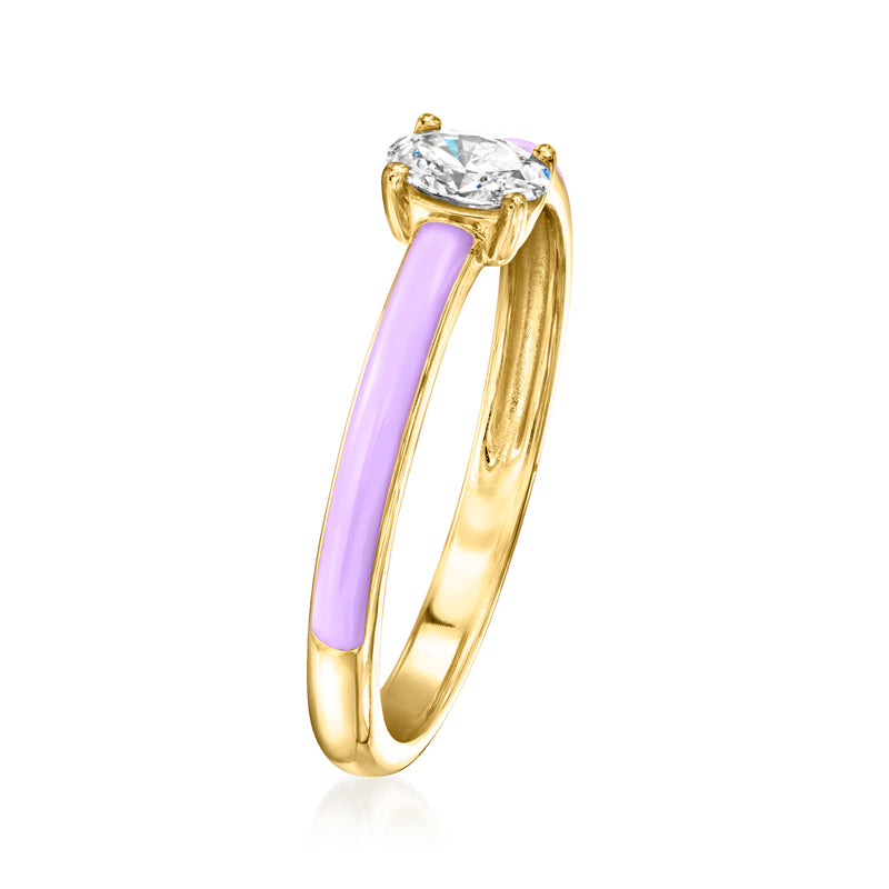 Gold-tone ring with lavender enamel band and round diamond center stone