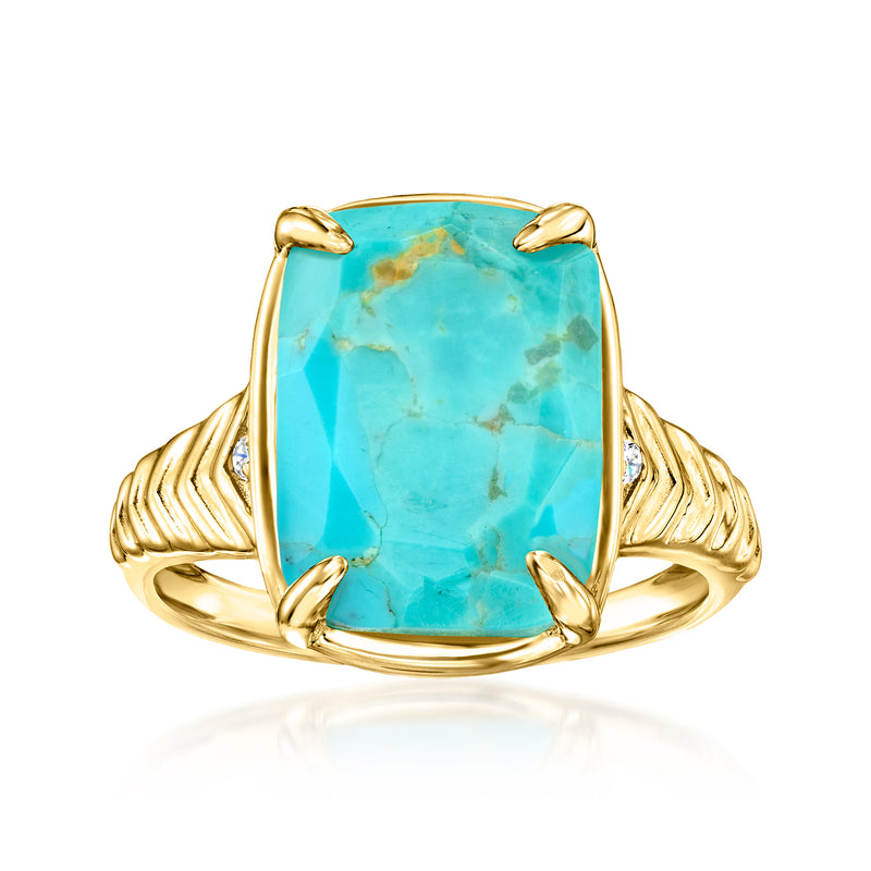 Gold-plated turquoise oval ring with diamond accents, ornate openwork band