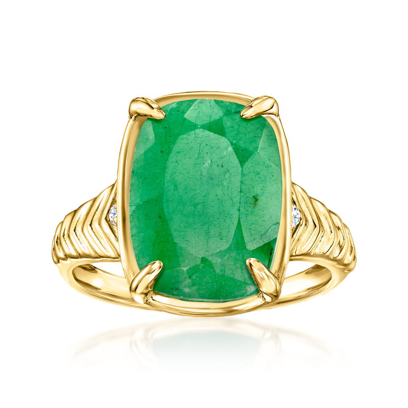 Gold emerald-cut style ring with green gemstone center and diamond accents, side view