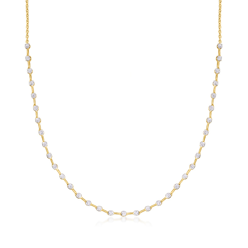 Gold-tone diamond necklace with small round bezel-set stones, straight tennis style