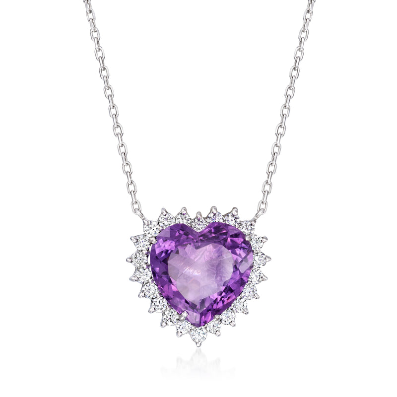 Heart amethyst pendant necklace in white gold with diamond halo and link chain