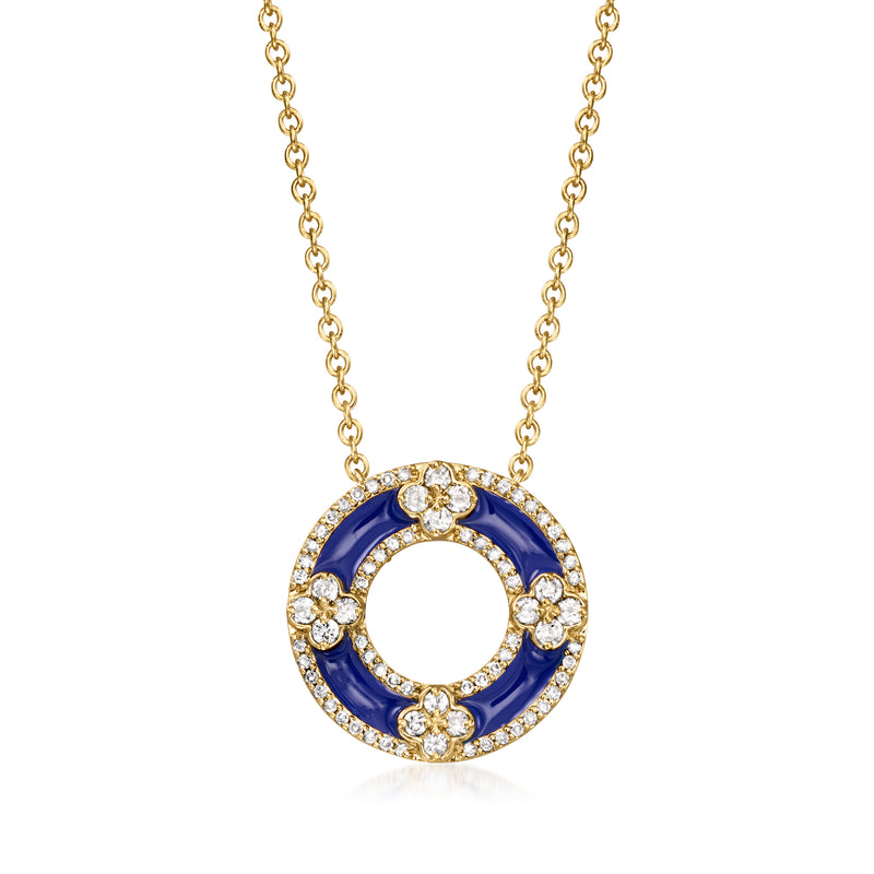 Yellow gold circle necklace with navy enamel and diamond halo pendant
