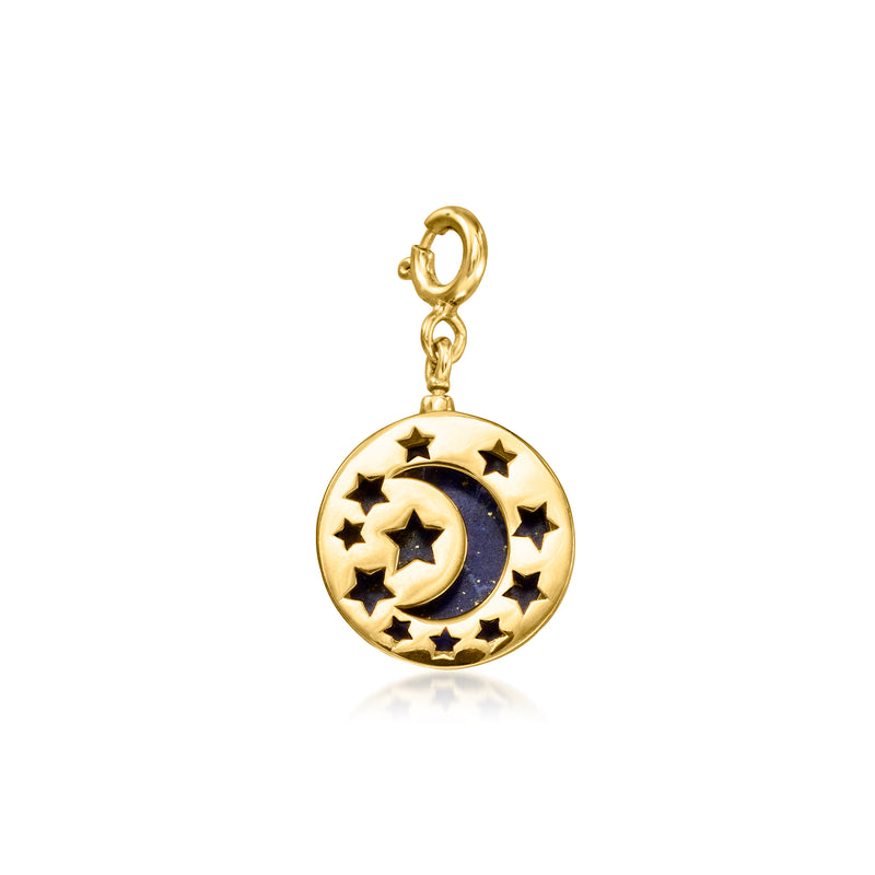 Gold celestial moon-and-stars charm with dangling chain link and small hoop
