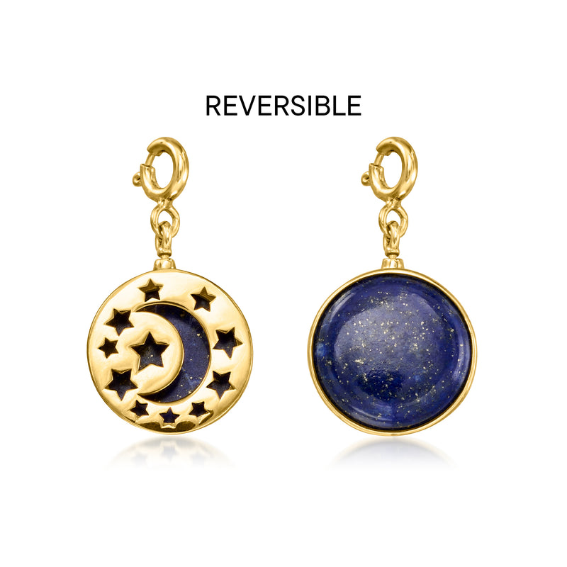 Reversible celestial charm: moon-stars side and blue lapis side in gold bezel