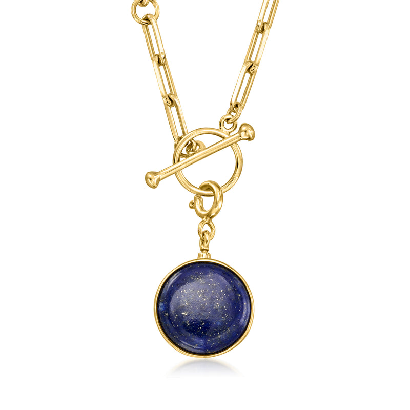 Gold necklace charm with round blue lapis cabochon pendant and chain link top