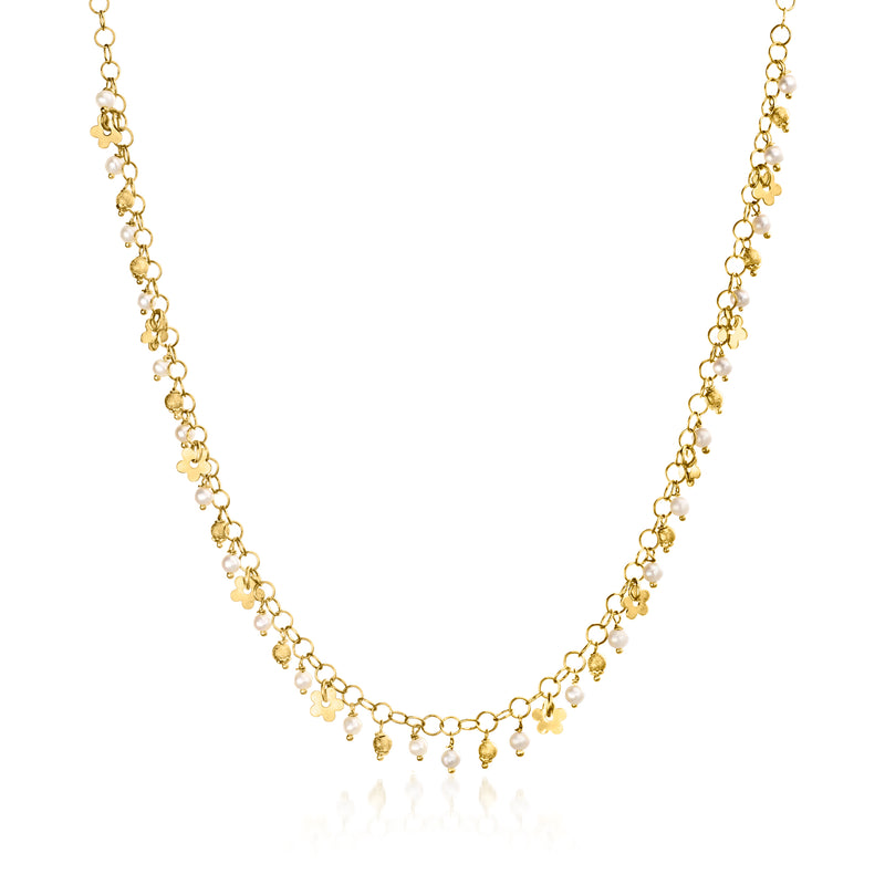 Vintage cultured pearl flower drop necklace with 18k yellow gold chain