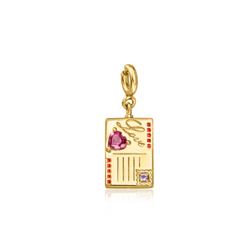 Gold charm with red enamel postcard design, pink gemstones, and Paris lettering